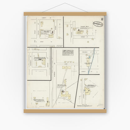 Old map wall art mockup — magnetic wood frame on white wall — Sanborn Fire Insurance Map from Gainesville, Alachua County, Florida (1884), Sheet #0002