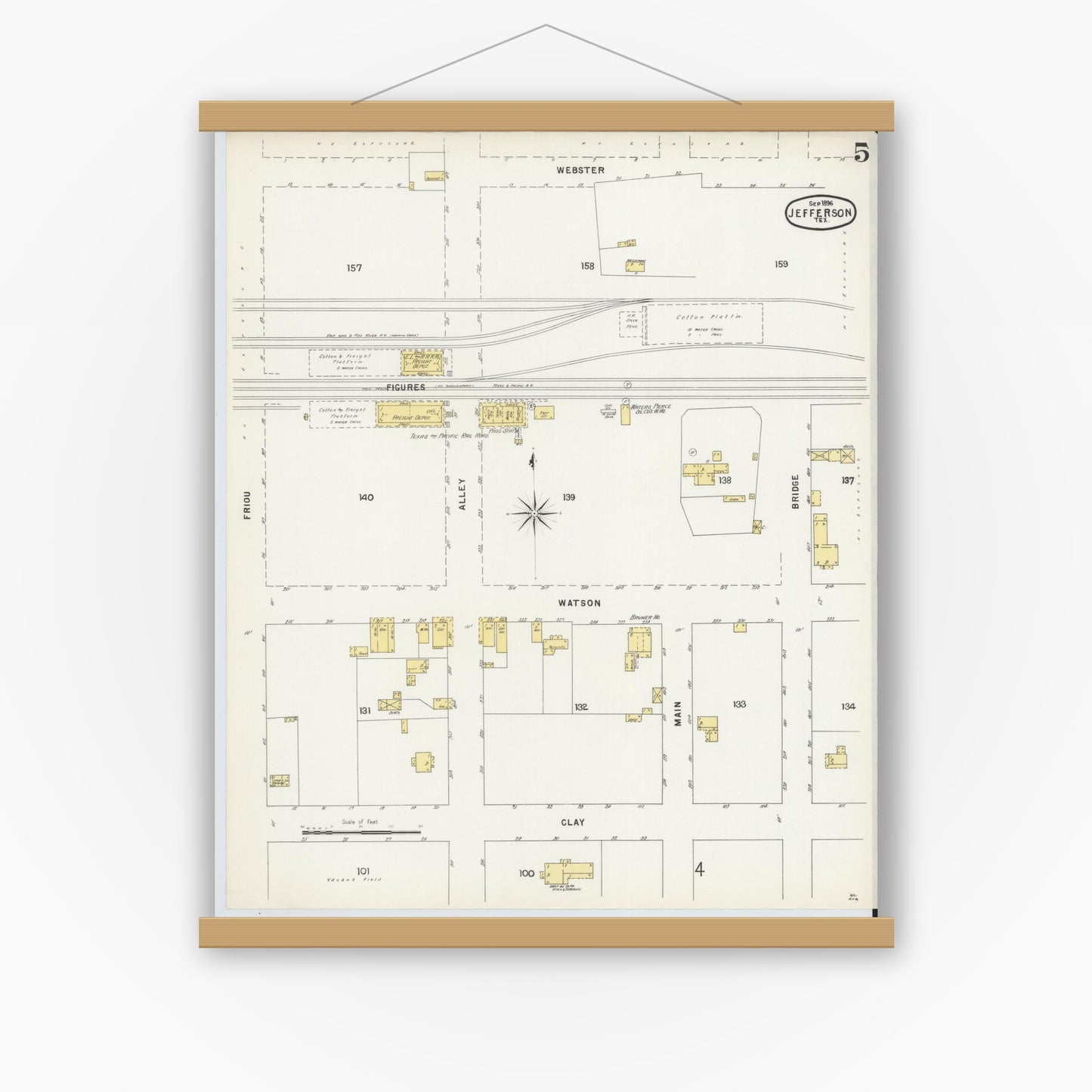 Old map wall art mockup — magnetic wood frame on white wall — Sanborn Fire Insurance Map from Jefferson, Marion County, Texas (1896), Sheet #0005