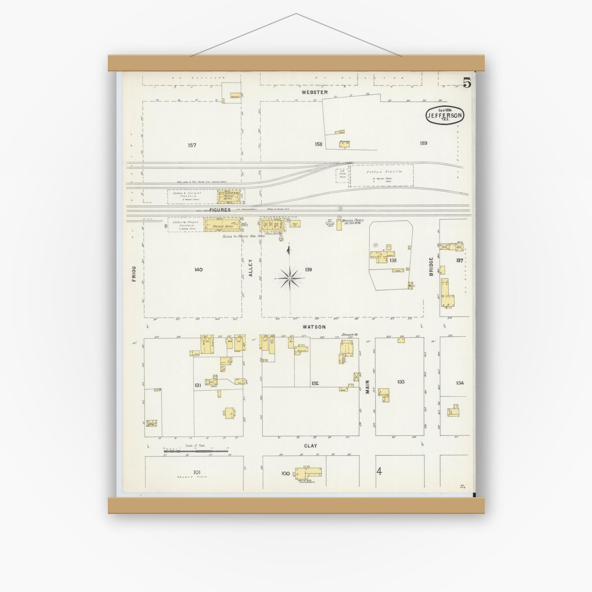 Old map wall art mockup — magnetic wood frame on white wall — Sanborn Fire Insurance Map from Jefferson, Marion County, Texas (1896), Sheet #0005