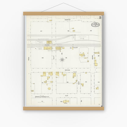 Old map wall art mockup — magnetic wood frame on white wall — Sanborn Fire Insurance Map from Jefferson, Marion County, Texas (1896), Sheet #0005