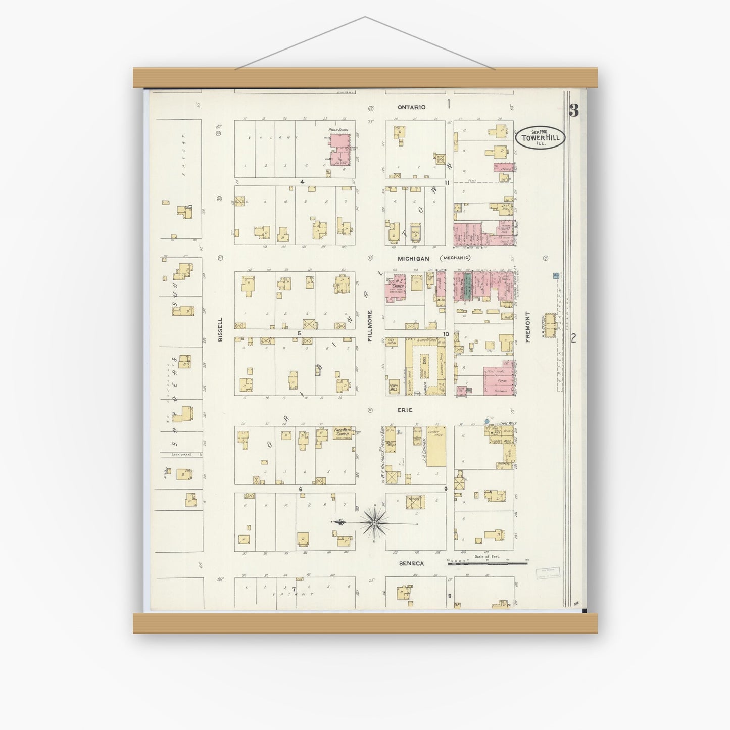 Old map wall art mockup — magnetic wood frame on white wall — Sanborn Fire Insurance Map from Tower Hill, Shelby County, Illinois (1906), Sheet #0003
