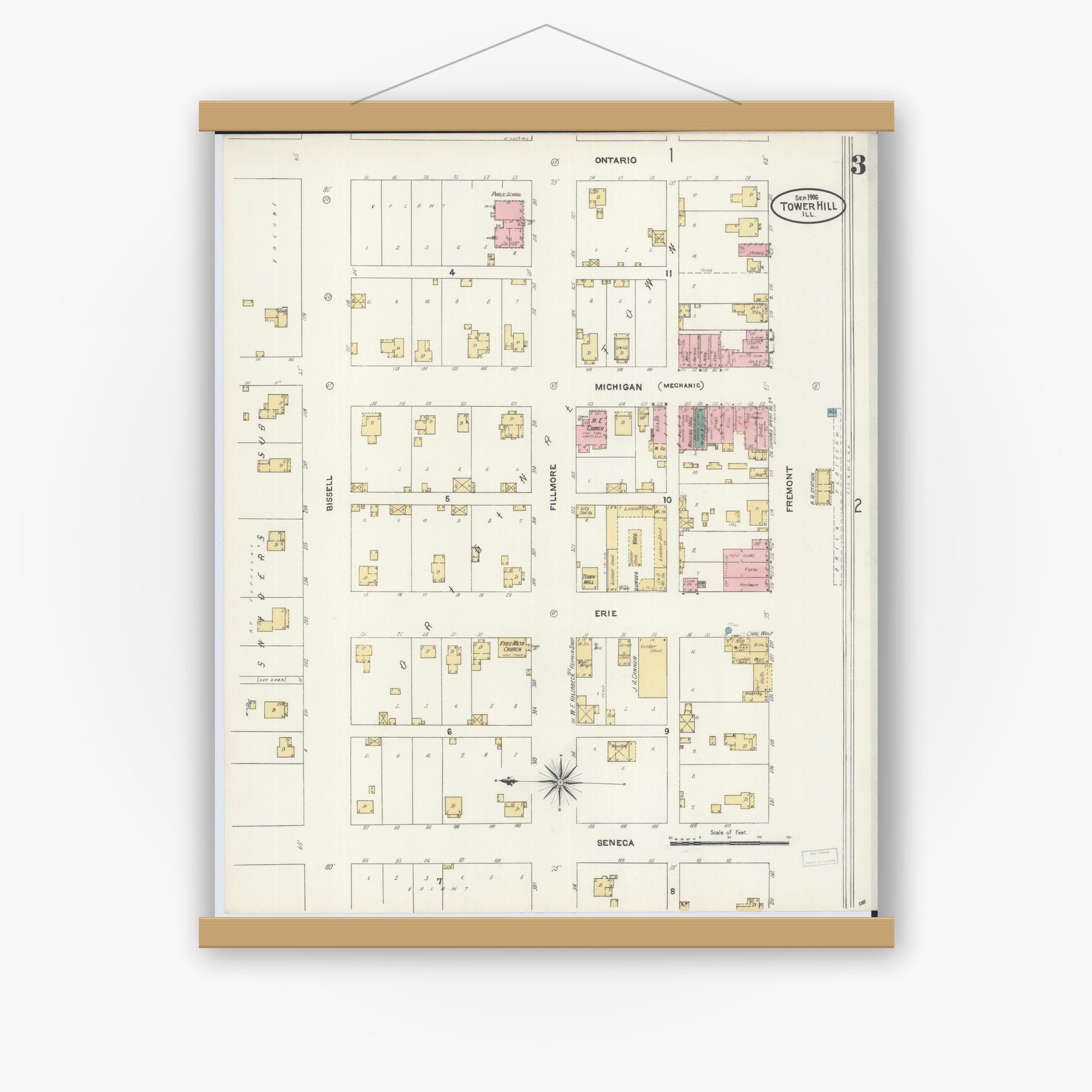 Old map wall art mockup — magnetic wood frame on white wall — Sanborn Fire Insurance Map from Tower Hill, Shelby County, Illinois (1906), Sheet #0003
