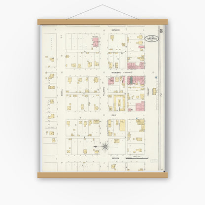 Old map wall art mockup — magnetic wood frame on white wall — Sanborn Fire Insurance Map from Tower Hill, Shelby County, Illinois (1906), Sheet #0003
