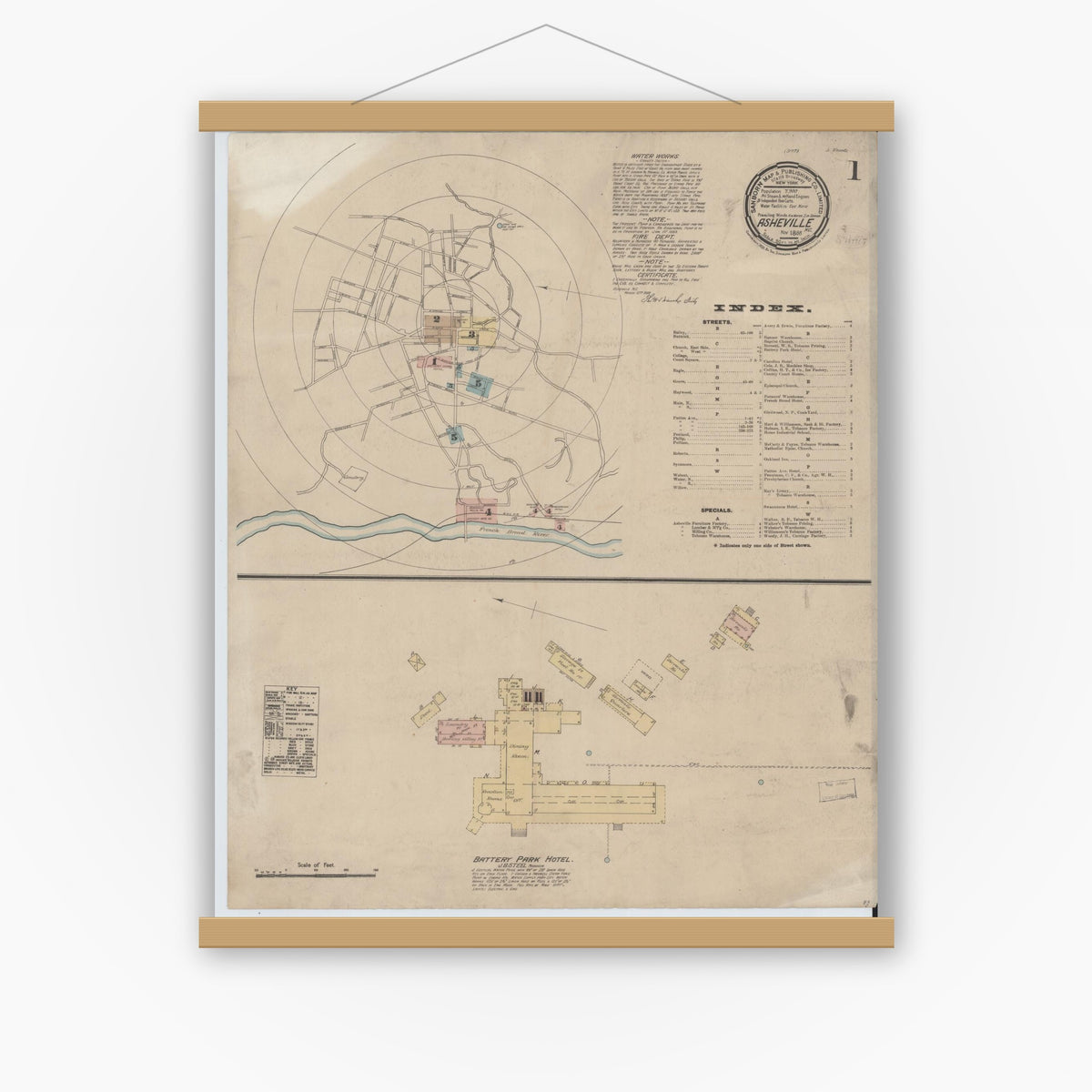 Old map wall art mockup — magnetic wood frame on white wall — Sanborn Fire Insurance Map from Asheville, Buncombe County, North Carolina (1888) - Complete Map Set