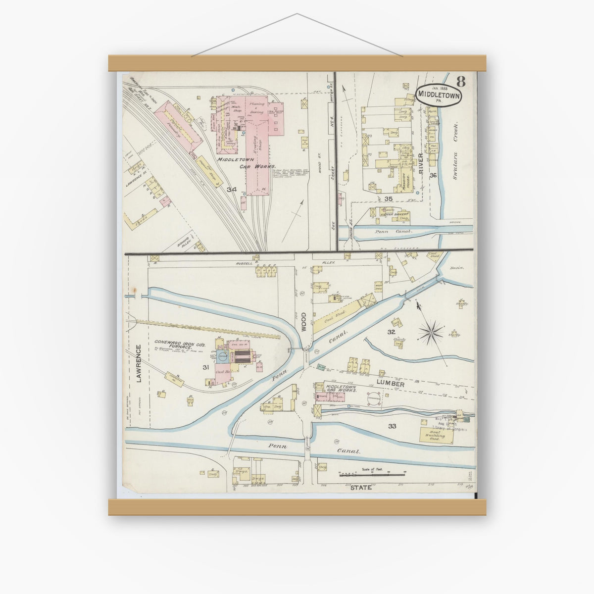 Old map wall art mockup — magnetic wood frame on white wall — Sanborn Fire Insurance Map from Middletown, Dauphin County, Pennsylvania (1888), Sheet #0008