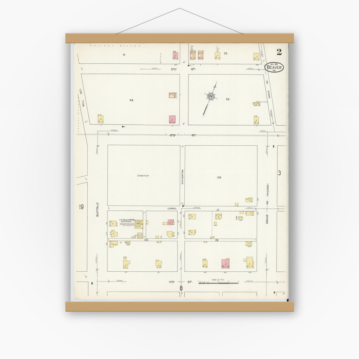 Old map wall art mockup — magnetic wood frame on white wall — Sanborn Fire Insurance Map from Beaver, Beaver County, Pennsylvania (1912), Sheet #0002