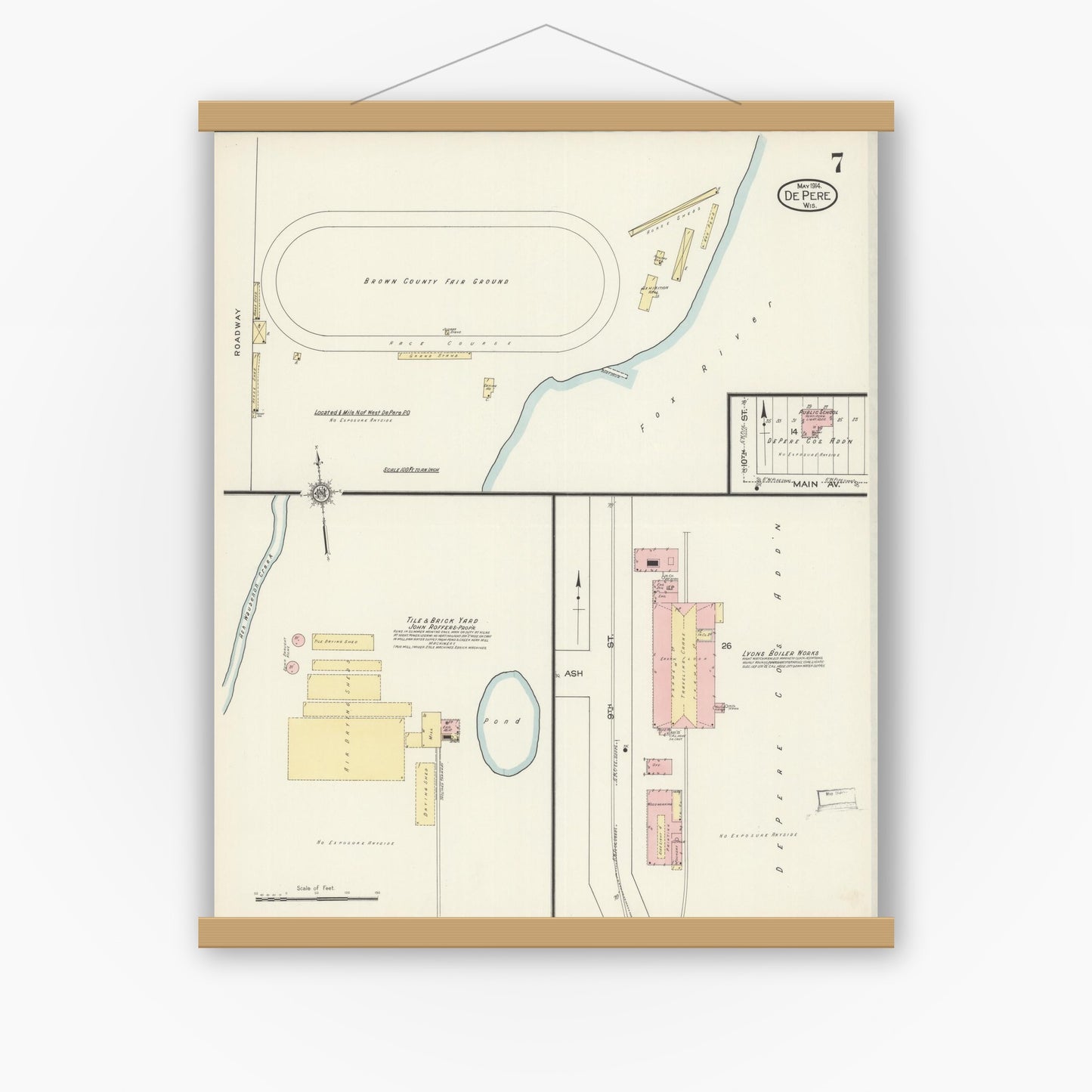 Old map wall art mockup — magnetic wood frame on white wall — Sanborn Fire Insurance Map from De Pere, Brown County, Wisconsin (1914), Sheet #0007