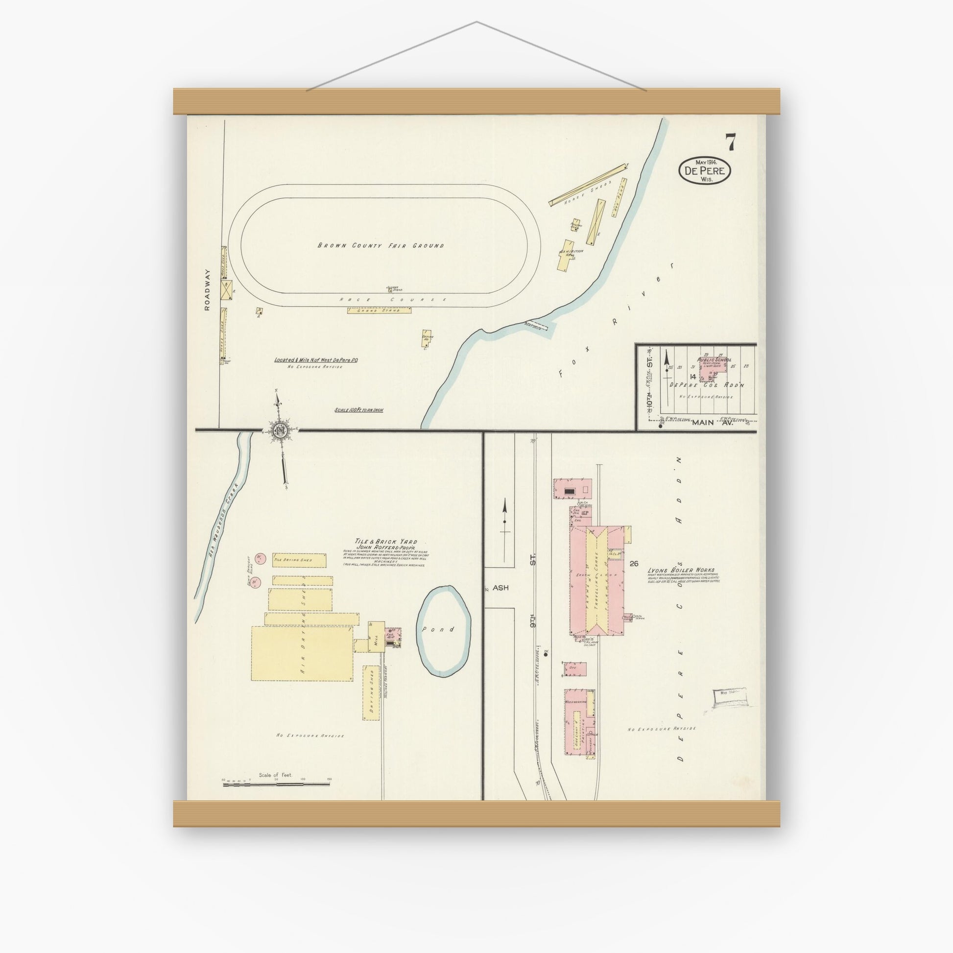 Old map wall art mockup — magnetic wood frame on white wall — Sanborn Fire Insurance Map from De Pere, Brown County, Wisconsin (1914), Sheet #0007