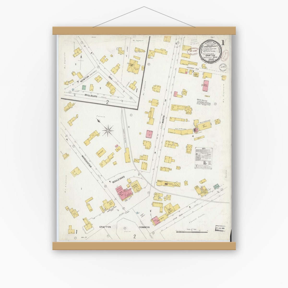 Old map wall art mockup — magnetic wood frame on white wall — Sanborn Fire Insurance Map from Grafton, Worcester County, Massachusetts (1889), Sheet #0001