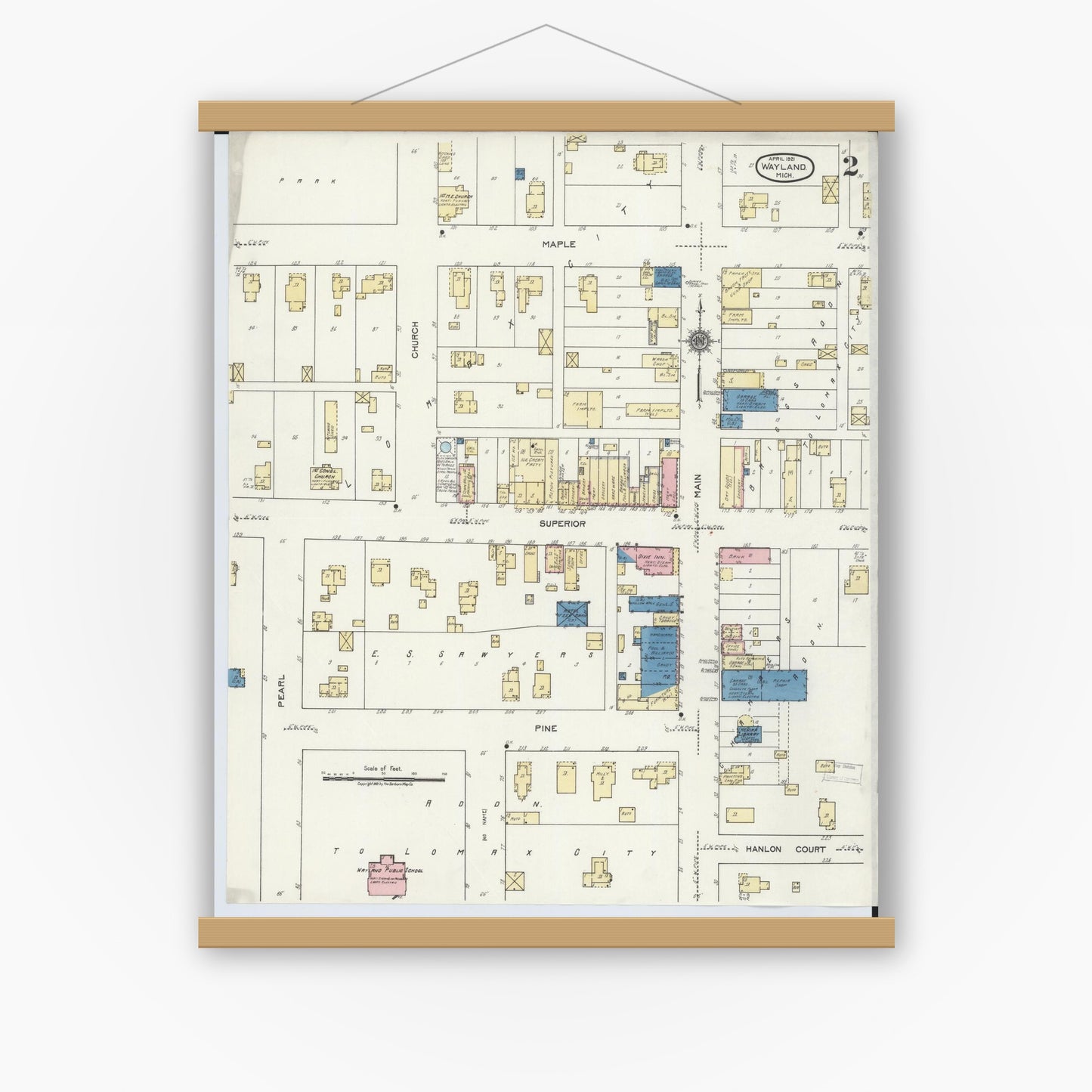 Old map wall art mockup — magnetic wood frame on white wall — Sanborn Fire Insurance Map from Wayland, Allegan County, Michigan (1921), Sheet #0002