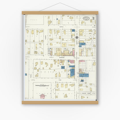 Old map wall art mockup — magnetic wood frame on white wall — Sanborn Fire Insurance Map from Wayland, Allegan County, Michigan (1921), Sheet #0002