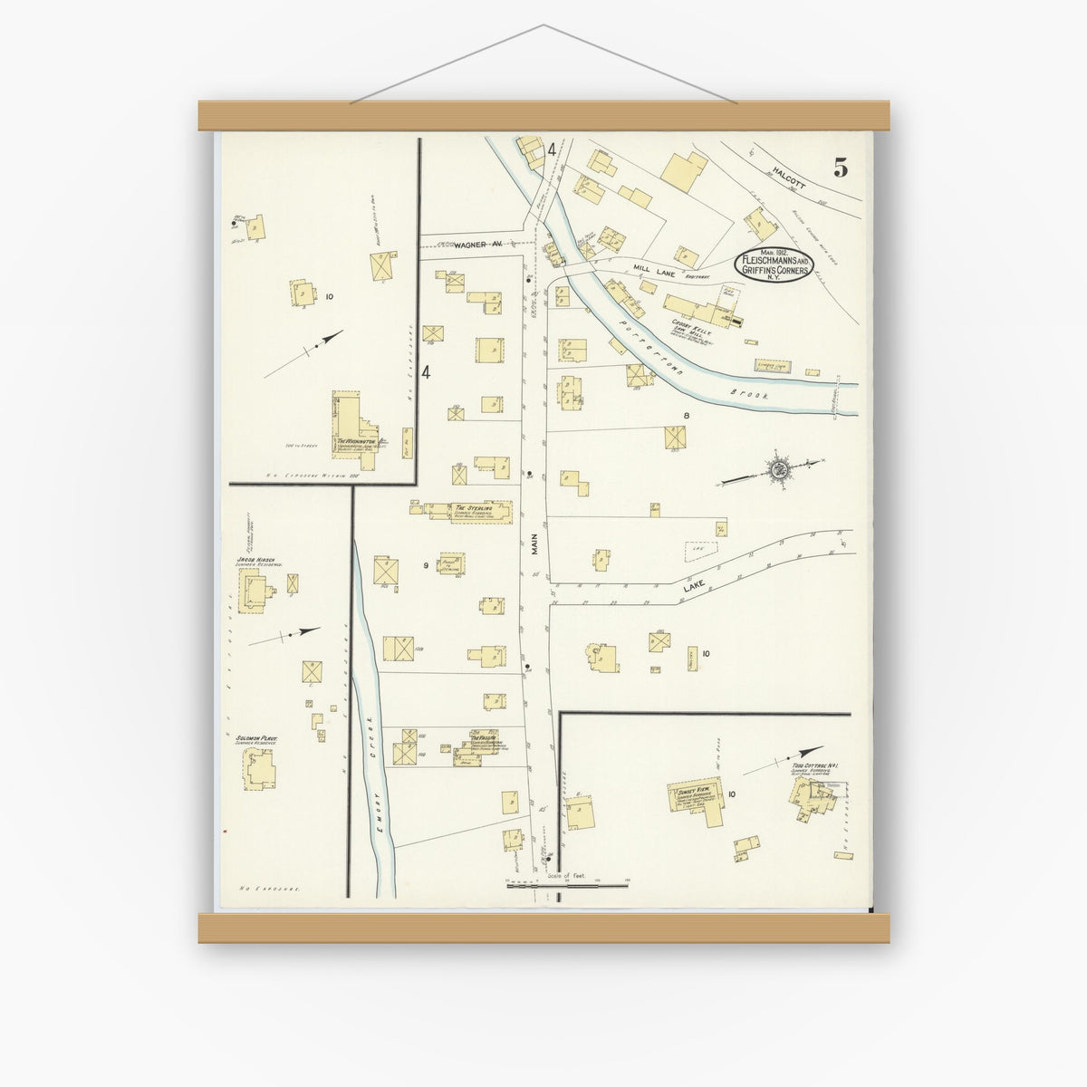 Old map wall art mockup — magnetic wood frame on white wall — Sanborn Fire Insurance Map from Fleischmanns, Delaware County, New York (1912), Sheet #0005