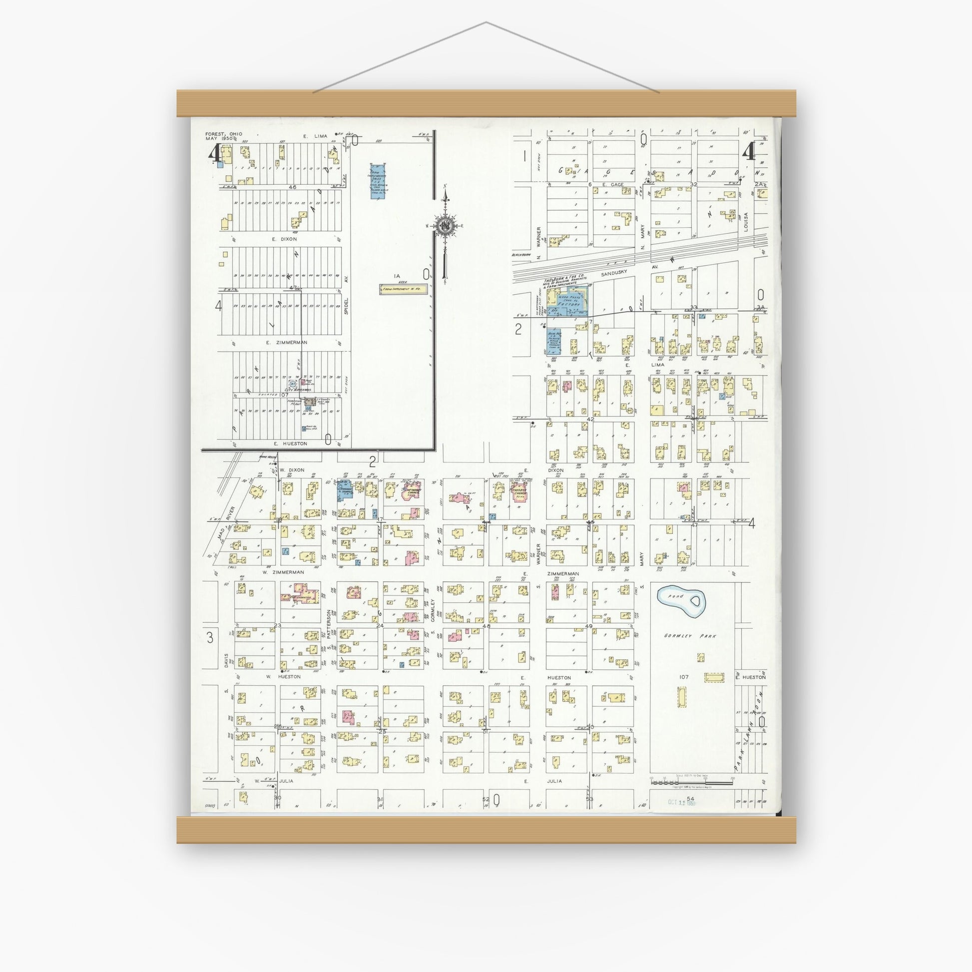 Old map wall art mockup — magnetic wood frame on white wall — Sanborn Fire Insurance Map from Forest, Hardin County, Ohio (1950), Sheet #0004