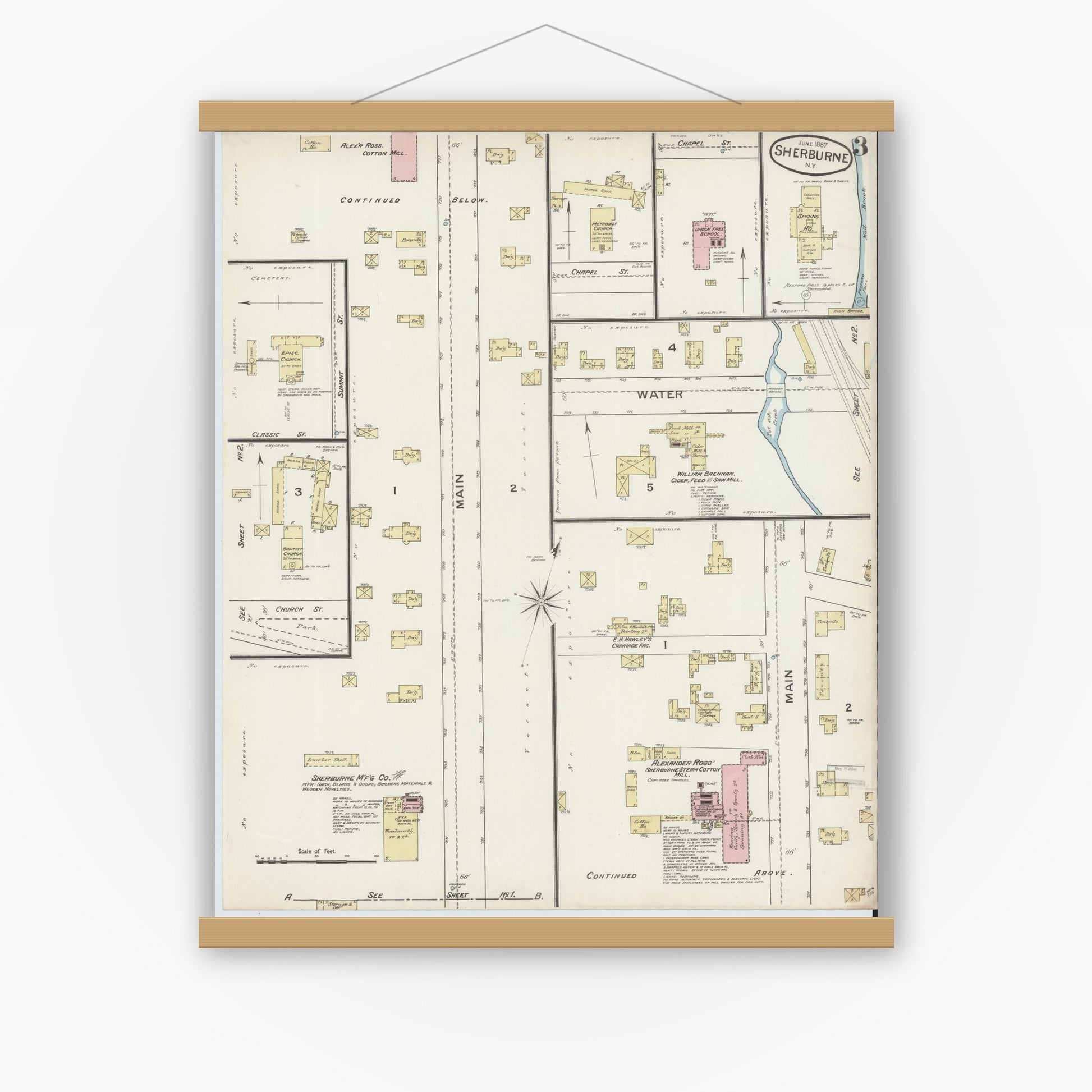 Old map wall art mockup — magnetic wood frame on white wall — Sanborn Fire Insurance Map from Sherburne, Chenango County, New York (1887), Sheet #0003