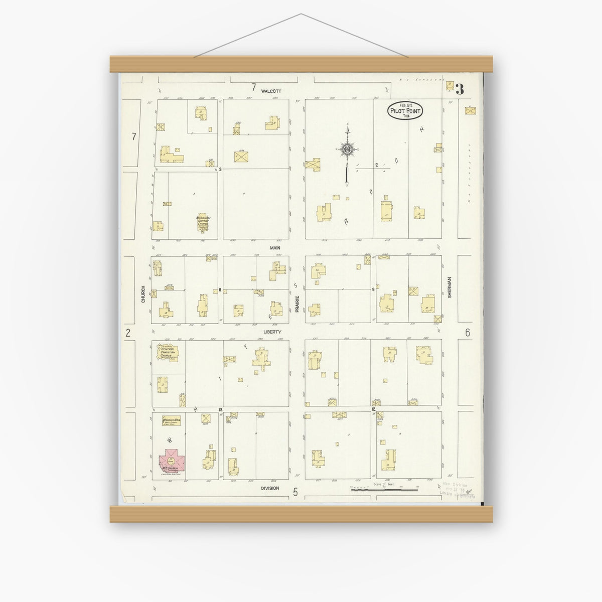 Old map wall art mockup — magnetic wood frame on white wall — Sanborn Fire Insurance Map from Pilot Point, Denton County, Texas (1912), Sheet #0003