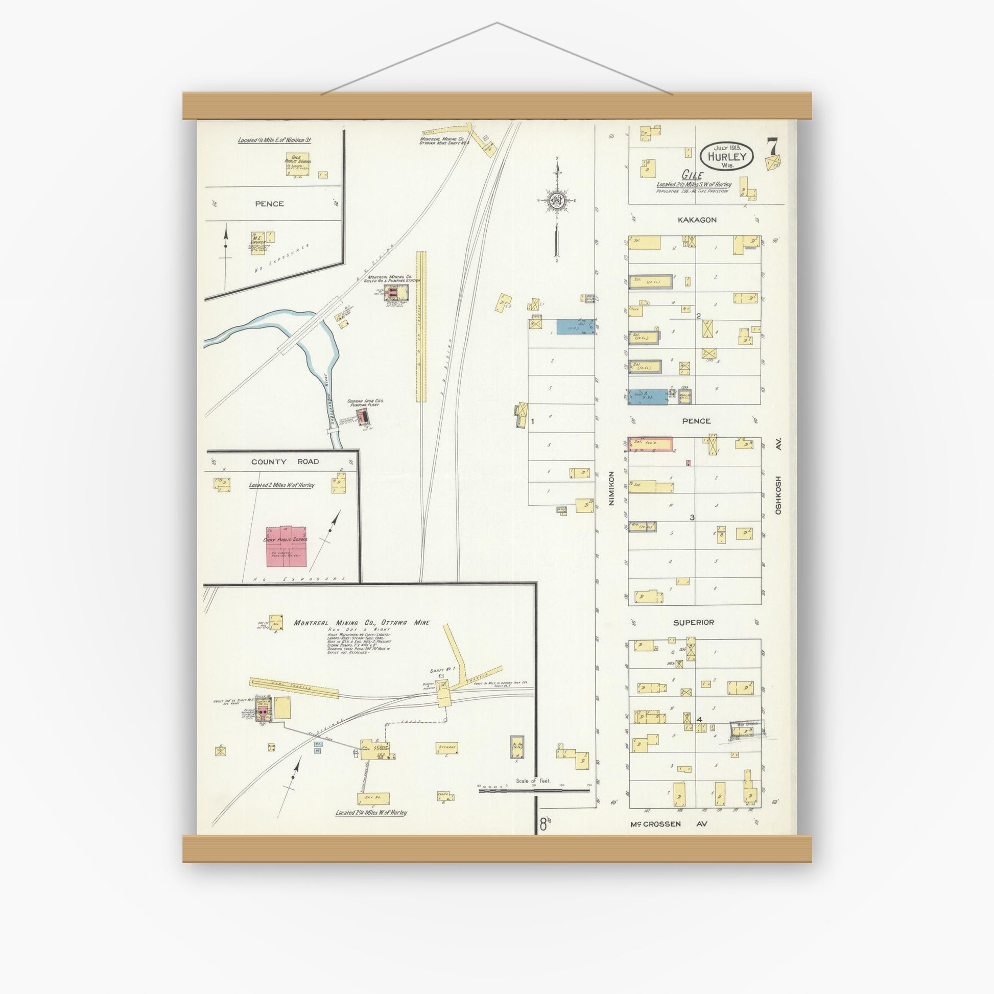 Old map wall art mockup — magnetic wood frame on white wall — Sanborn Fire Insurance Map from Hurley, Iron County, Wisconsin (1913), Sheet #0007