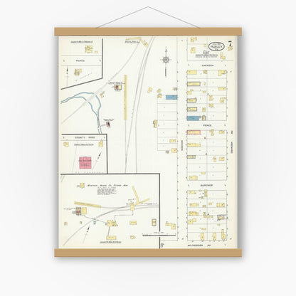 Old map wall art mockup — magnetic wood frame on white wall — Sanborn Fire Insurance Map from Hurley, Iron County, Wisconsin (1913), Sheet #0007