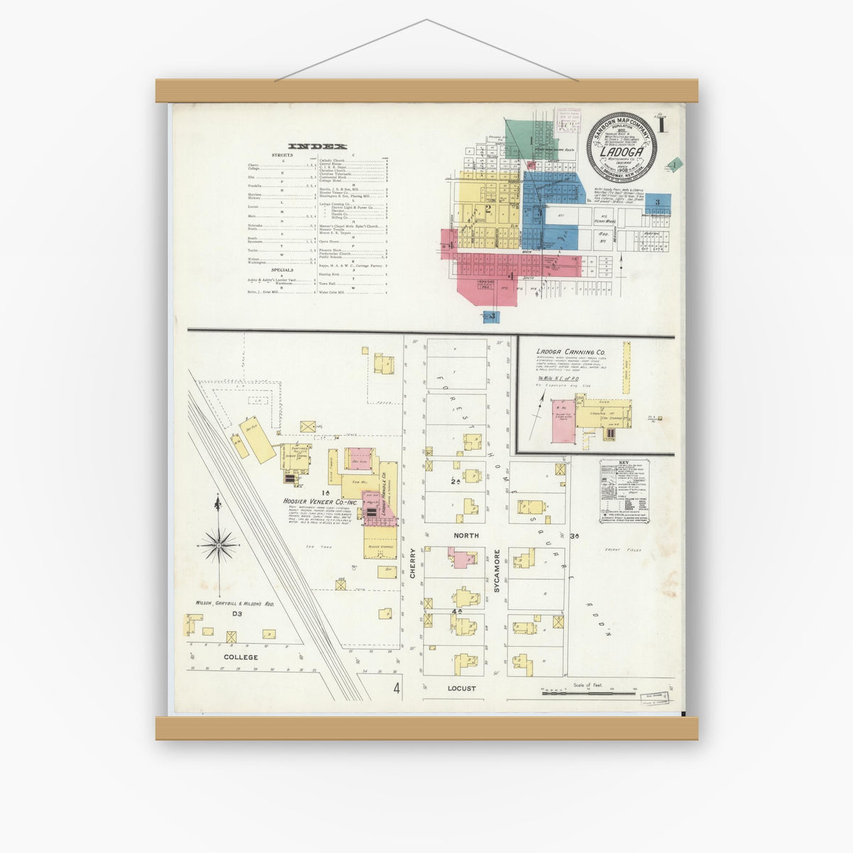 Old map wall art mockup — magnetic wood frame on white wall — Sanborn Fire Insurance Map from Ladoga, Montgomery County, Indiana (1908) - Complete Map Set