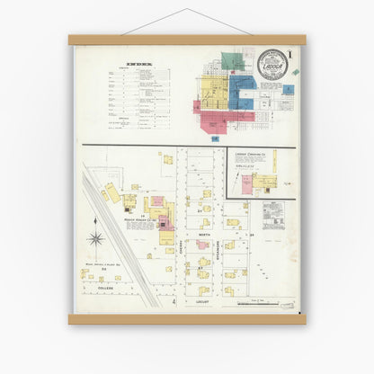 Old map wall art mockup — magnetic wood frame on white wall — Sanborn Fire Insurance Map from Ladoga, Montgomery County, Indiana (1908) - Complete Map Set