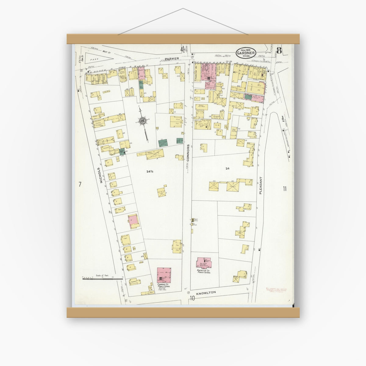 Old map wall art mockup — magnetic wood frame on white wall — Sanborn Fire Insurance Map from Gardner, Worcester County, Massachusetts (1909), Sheet #0008