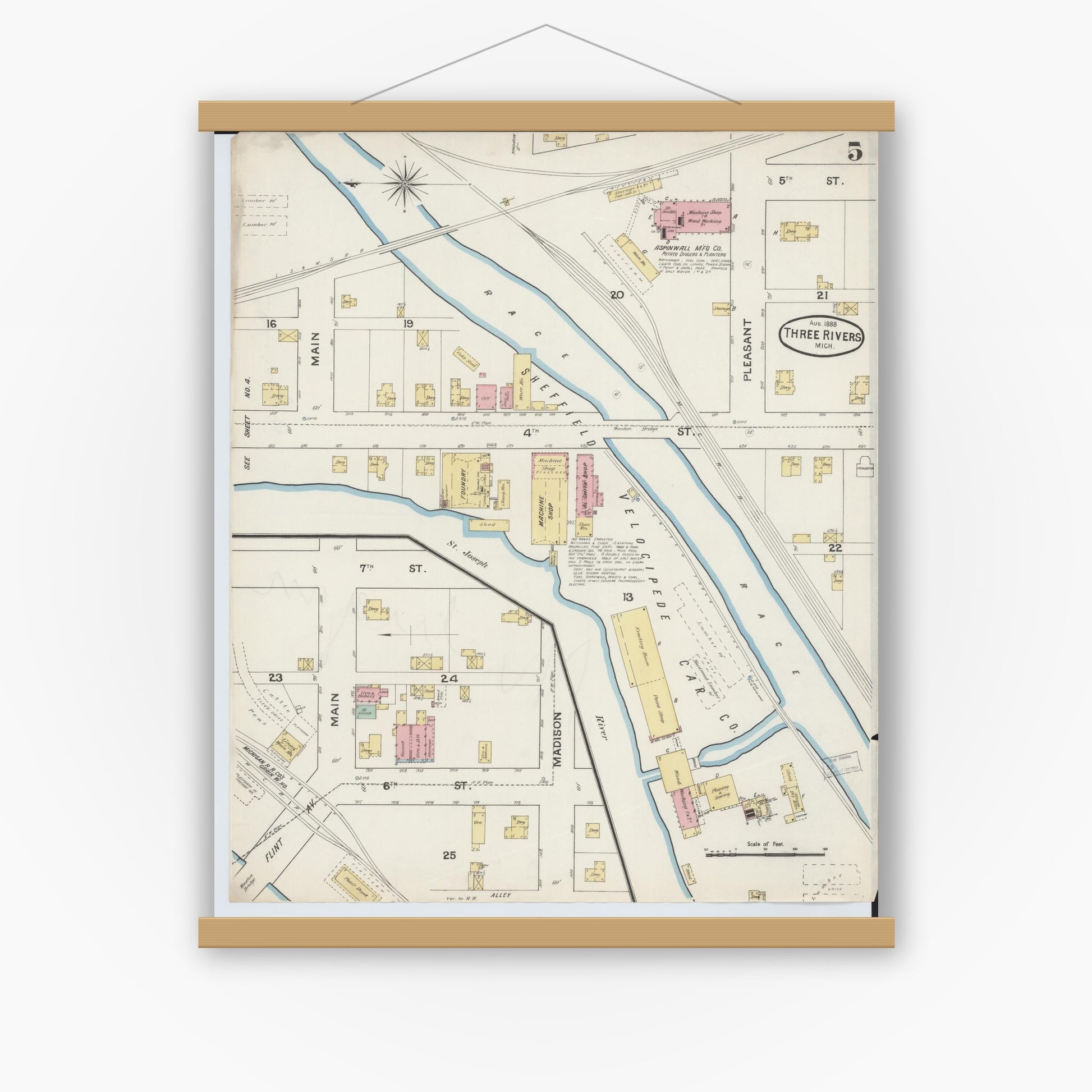 Old map wall art mockup — magnetic wood frame on white wall — Sanborn Fire Insurance Map from Three Rivers, Saint Joseph County, Michigan (1888), Sheet #0005