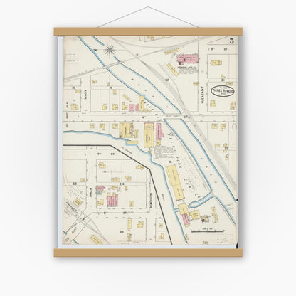 Old map wall art mockup — magnetic wood frame on white wall — Sanborn Fire Insurance Map from Three Rivers, Saint Joseph County, Michigan (1888), Sheet #0005