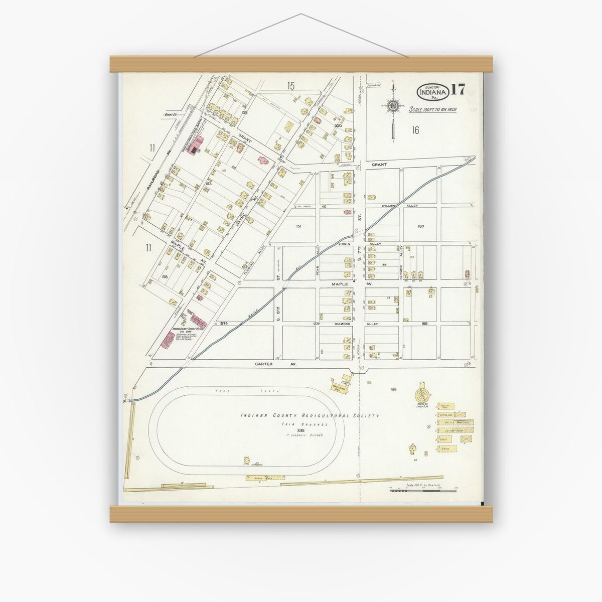 Old map wall art mockup — magnetic wood frame on white wall — Sanborn Fire Insurance Map from Indiana, Indiana County, Pennsylvania (1916), Sheet #0017