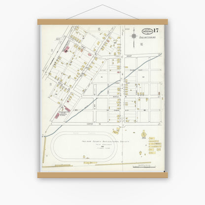 Old map wall art mockup — magnetic wood frame on white wall — Sanborn Fire Insurance Map from Indiana, Indiana County, Pennsylvania (1916), Sheet #0017