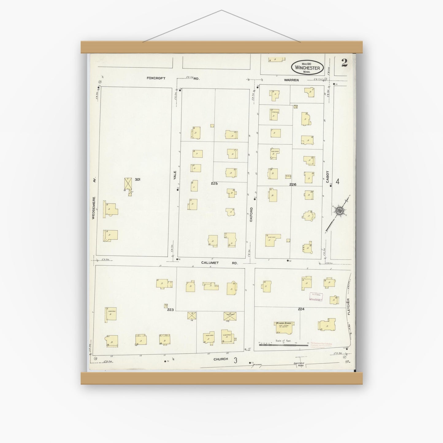 Old map wall art mockup — magnetic wood frame on white wall — Sanborn Fire Insurance Map from Winchester, Middlesex County, Massachusetts (1910), Sheet #0002