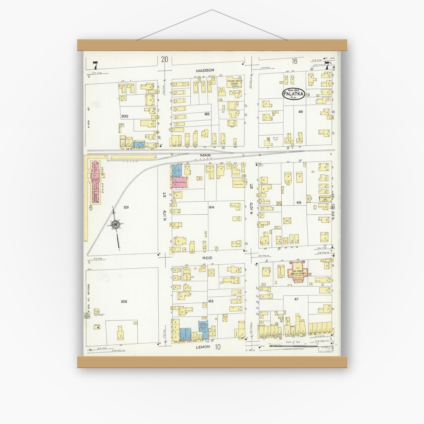 Old map wall art mockup — magnetic wood frame on white wall — Sanborn Fire Insurance Map from Palatka, Putnam County, Florida (1924), Sheet #0007