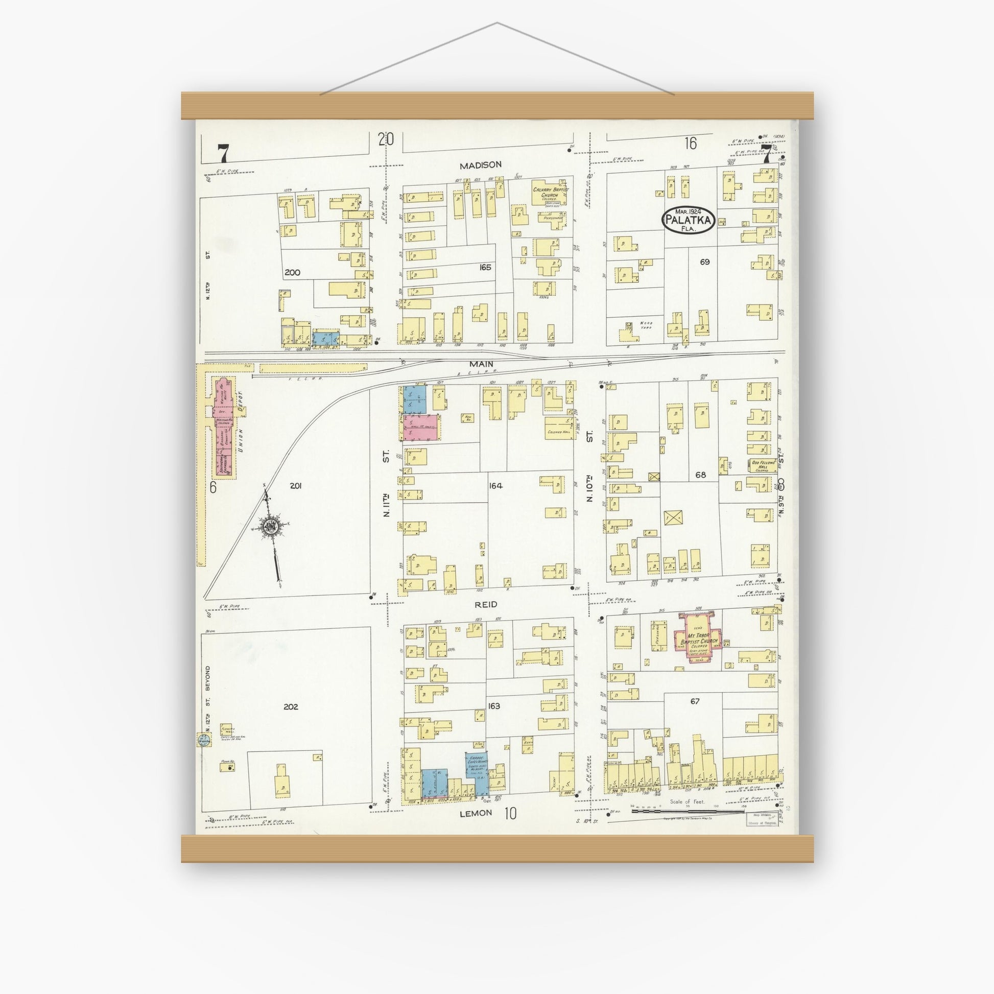Old map wall art mockup — magnetic wood frame on white wall — Sanborn Fire Insurance Map from Palatka, Putnam County, Florida (1924), Sheet #0007