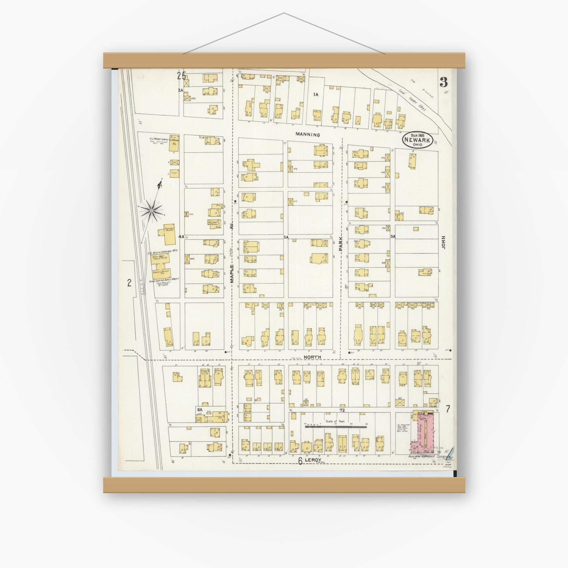 Old map wall art mockup — magnetic wood frame on white wall — Sanborn Fire Insurance Map from Newark, Licking County, Ohio (1905), Sheet #0003