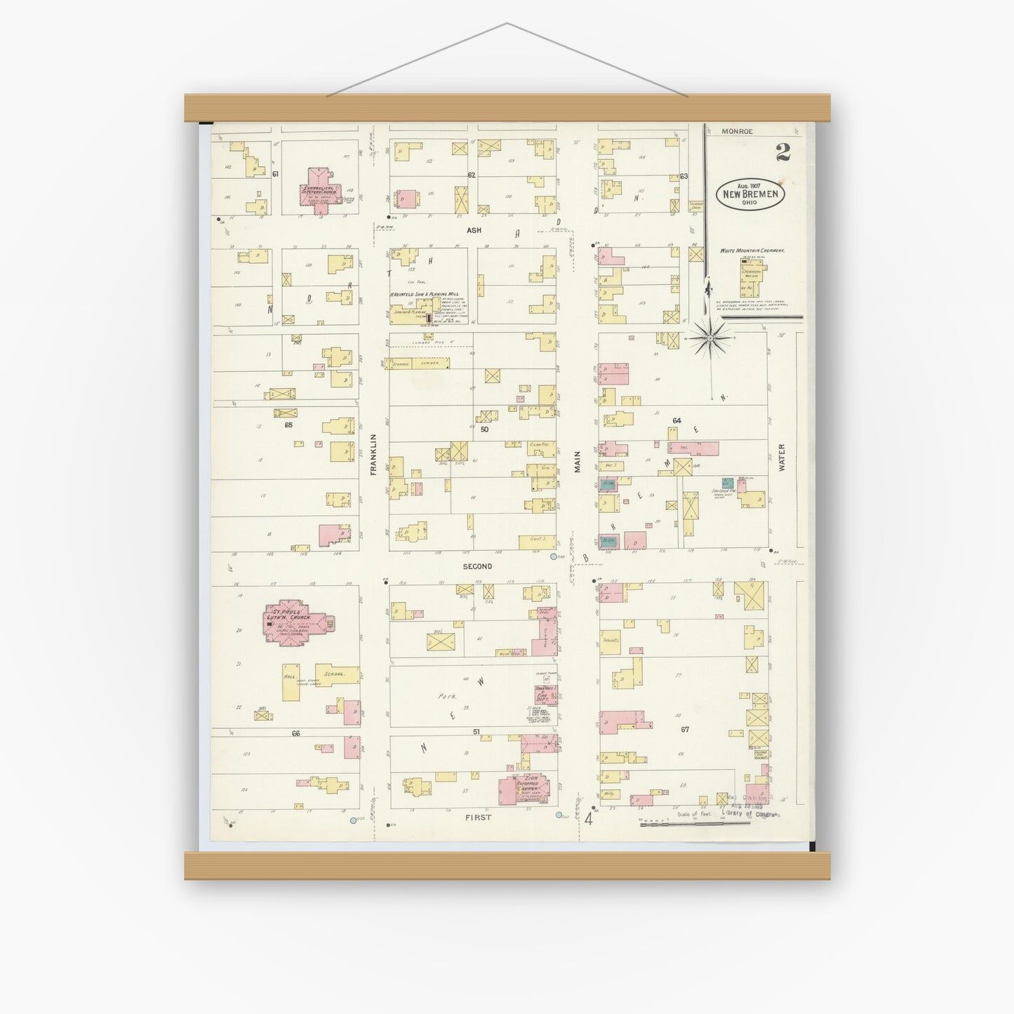 Old map wall art mockup — magnetic wood frame on white wall — Sanborn Fire Insurance Map from New Bremen, Auglaize County, Ohio (1907), Sheet #0002