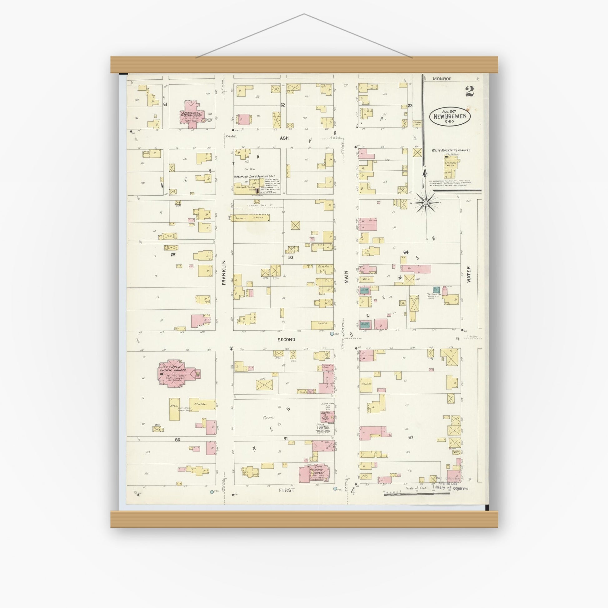 Old map wall art mockup — magnetic wood frame on white wall — Sanborn Fire Insurance Map from New Bremen, Auglaize County, Ohio (1907), Sheet #0002