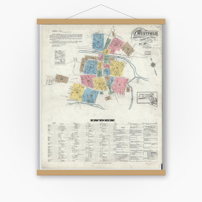 Old map wall art mockup — magnetic wood frame on white wall — Sanborn Fire Insurance Map from Westfield, Hampden County, Massachusetts (1917) - Complete Map Set