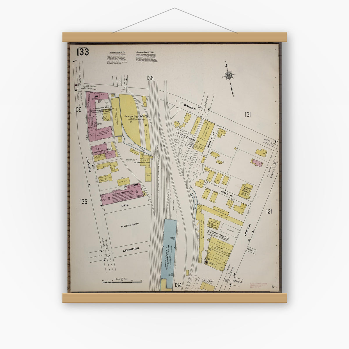 Old map wall art mockup — magnetic wood frame on white wall — Sanborn Fire Insurance Map from Worcester, Worcester County, Massachusetts (1910), Sheet #0133