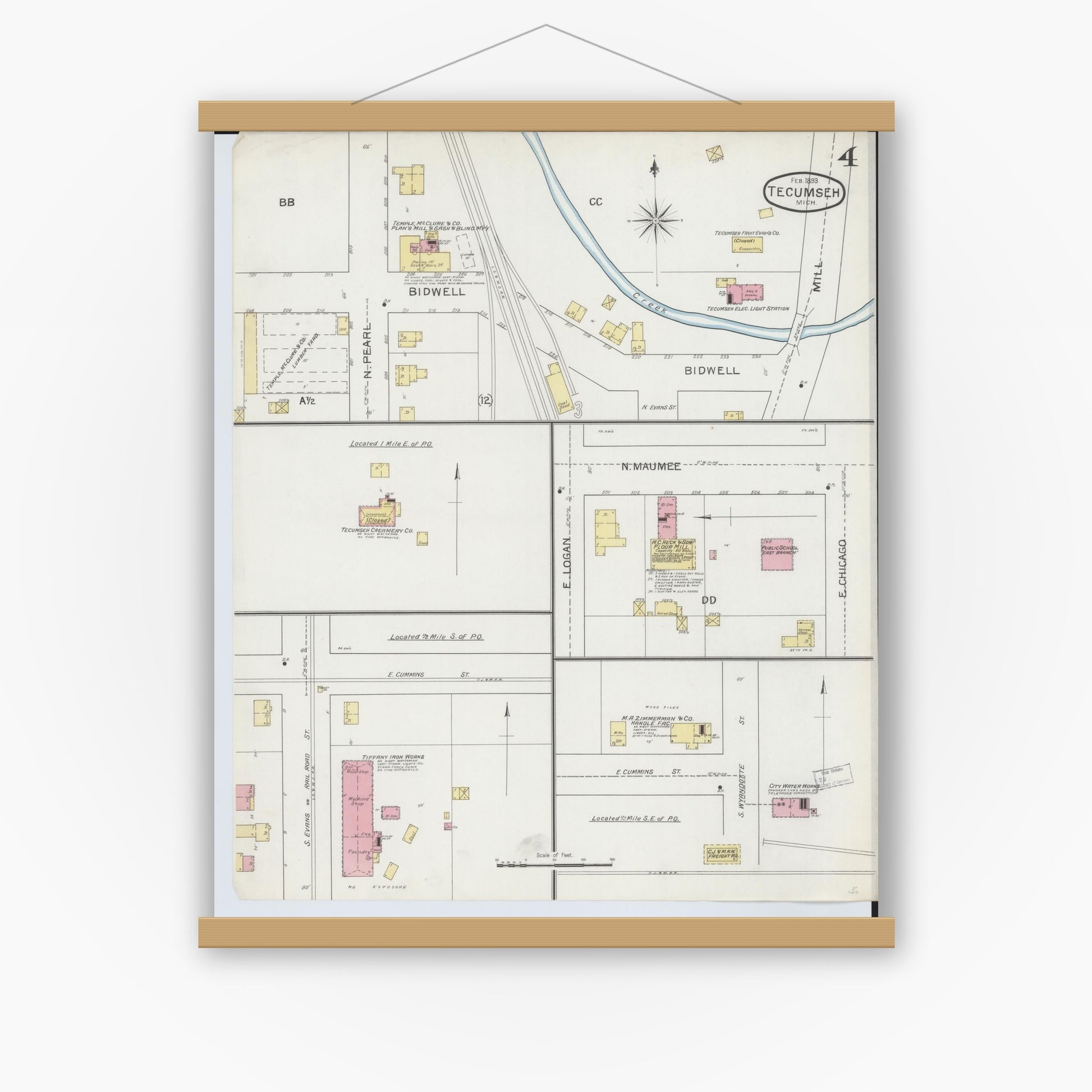 Old map wall art mockup — magnetic wood frame on white wall — Sanborn Fire Insurance Map from Tecumseh, Lenawee County, Michigan (1893), Sheet #0004