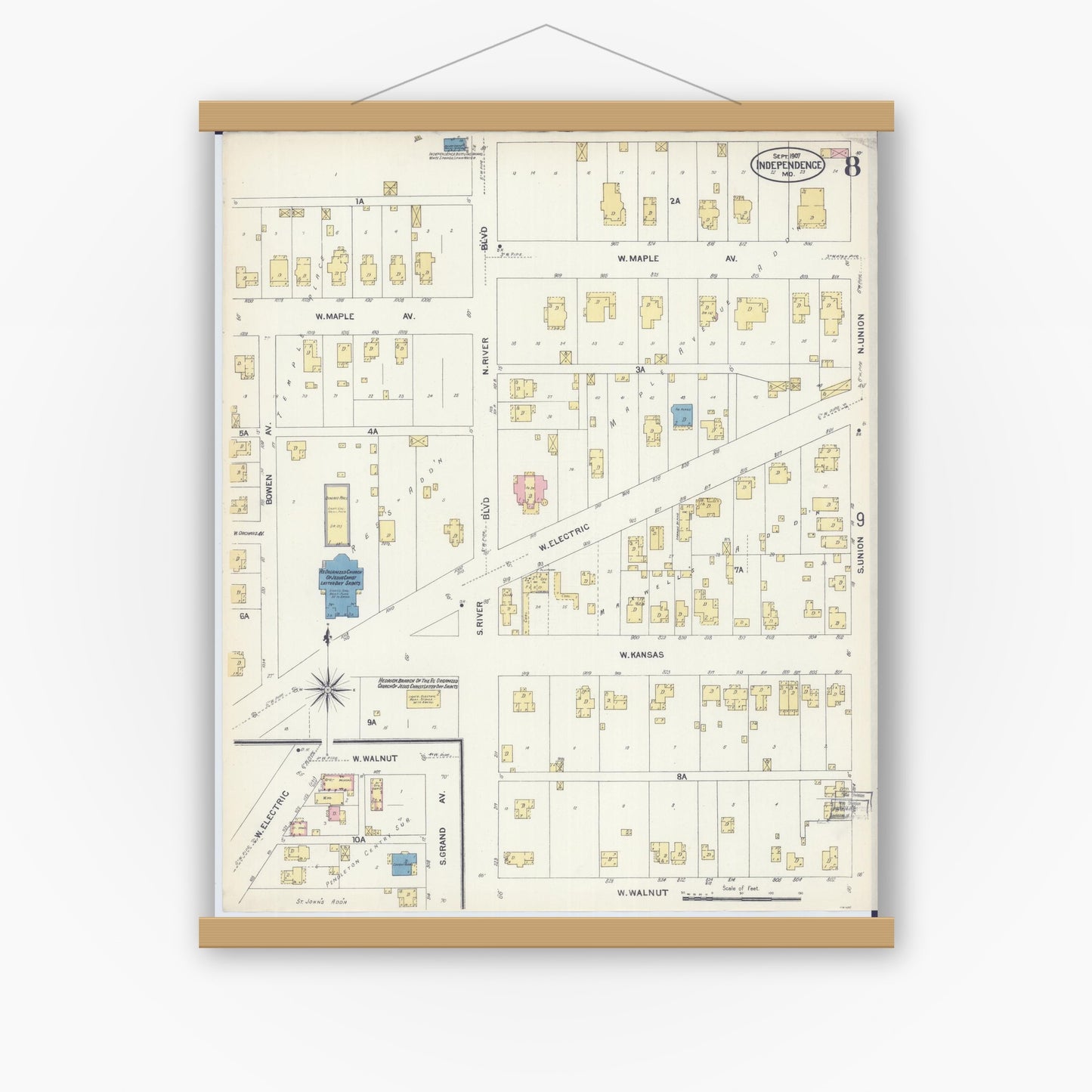 Old map wall art mockup — magnetic wood frame on white wall — Sanborn Fire Insurance Map from Independence, Jackson County, Missouri (1907), Sheet #0008