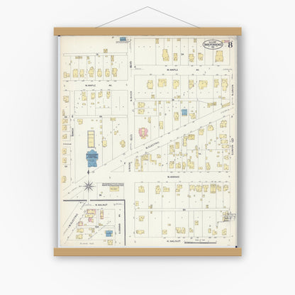 Old map wall art mockup — magnetic wood frame on white wall — Sanborn Fire Insurance Map from Independence, Jackson County, Missouri (1907), Sheet #0008