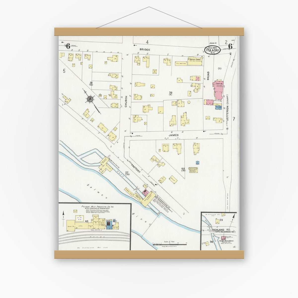 Old map wall art mockup — magnetic wood frame on white wall — Sanborn Fire Insurance Map from Pulaski, Oswego County, New York (1925), Sheet #0006