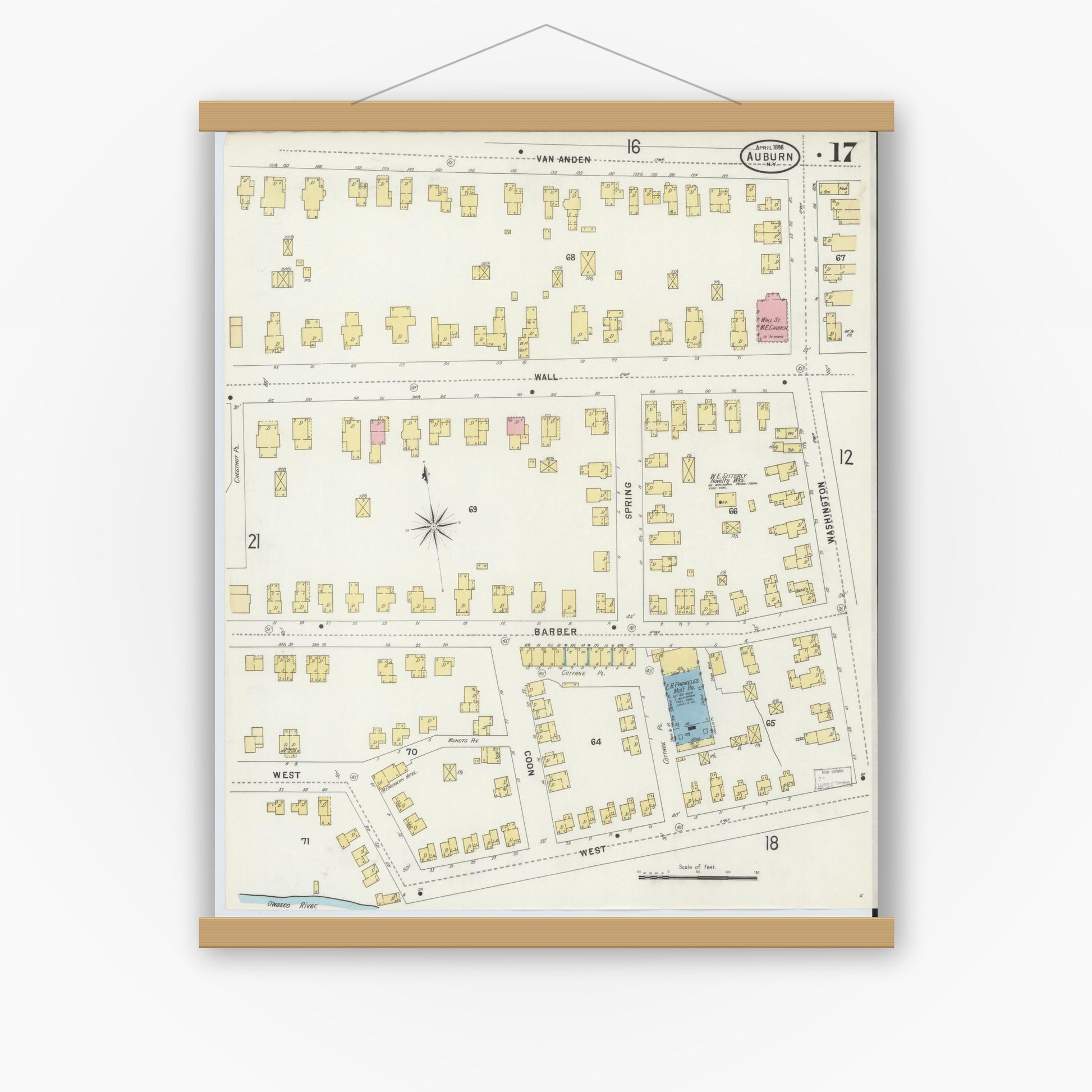 Old map wall art mockup — magnetic wood frame on white wall — Sanborn Fire Insurance Map from Auburn, Cayuga County, New York (1898), Sheet #0017