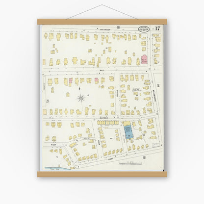 Old map wall art mockup — magnetic wood frame on white wall — Sanborn Fire Insurance Map from Auburn, Cayuga County, New York (1898), Sheet #0017