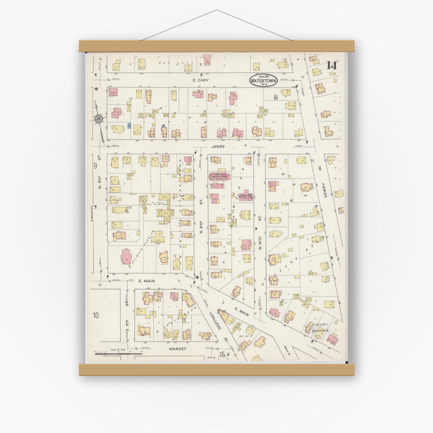 Old map wall art mockup — magnetic wood frame on white wall — Sanborn Fire Insurance Map from Watertown, Jefferson County, Wisconsin (1915), Sheet #0015
