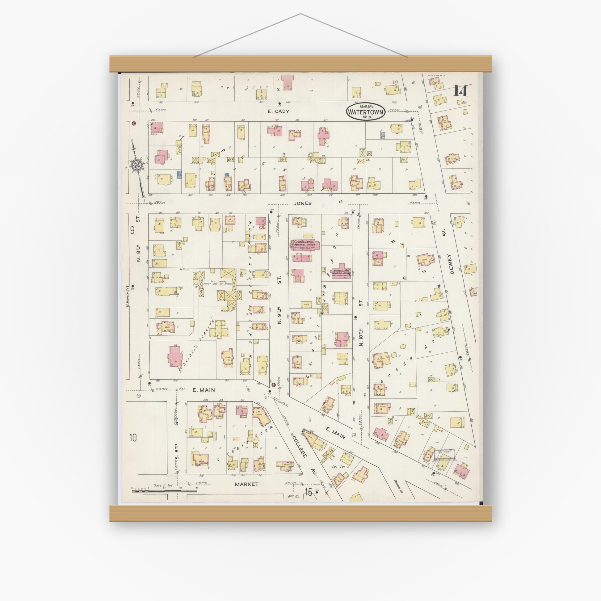 Old map wall art mockup — magnetic wood frame on white wall — Sanborn Fire Insurance Map from Watertown, Jefferson County, Wisconsin (1915), Sheet #0015
