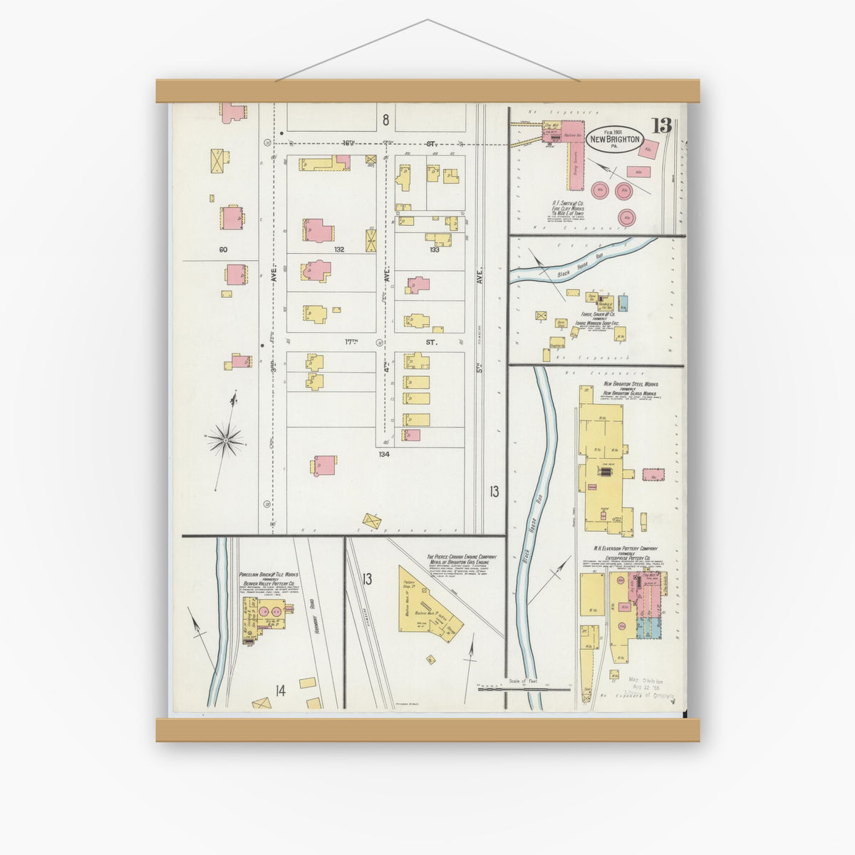 Old map wall art mockup — magnetic wood frame on white wall — Sanborn Fire Insurance Map from New Brighton, Beaver County, Pennsylvania (1901), Sheet #0013