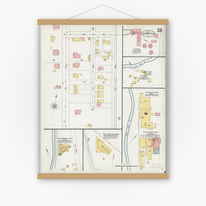 Old map wall art mockup — magnetic wood frame on white wall — Sanborn Fire Insurance Map from New Brighton, Beaver County, Pennsylvania (1901), Sheet #0013