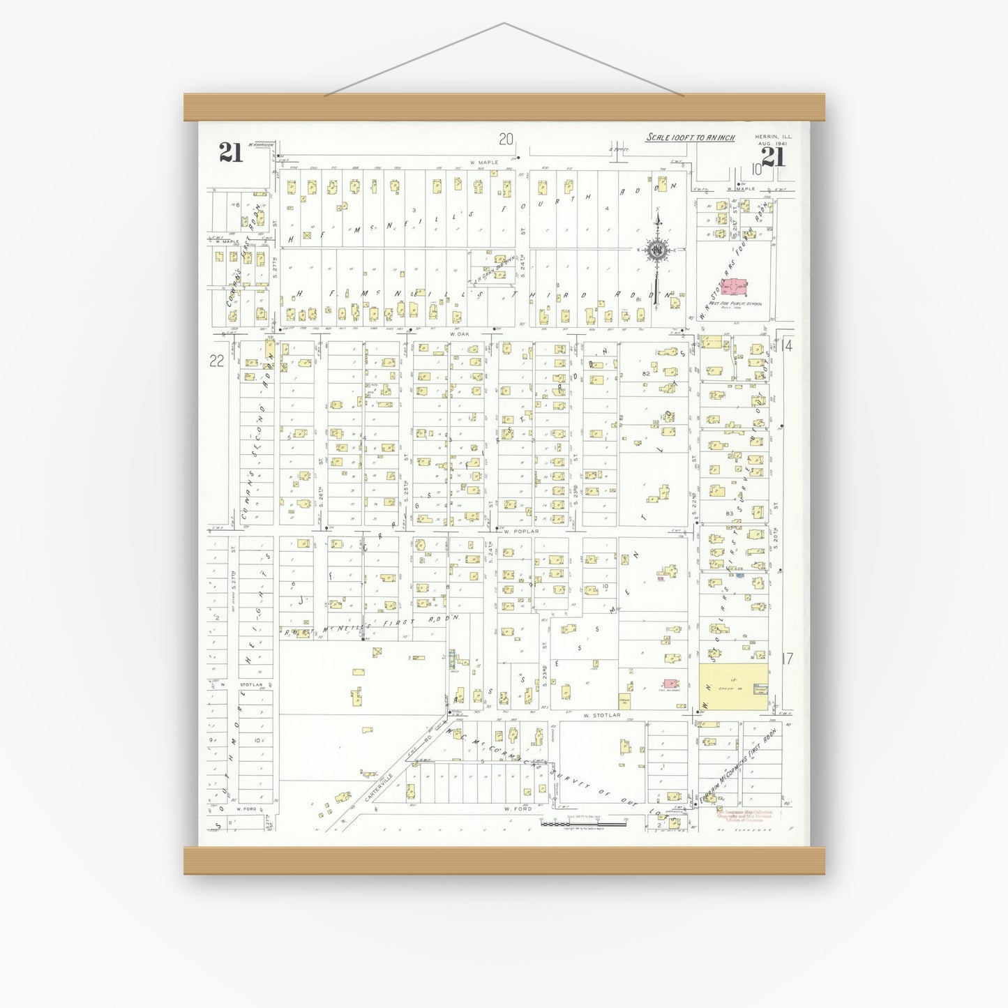 Old map wall art mockup — magnetic wood frame on white wall — Sanborn Fire Insurance Map from Herrin, Williamson County, Illinois (1941), Sheet #0021
