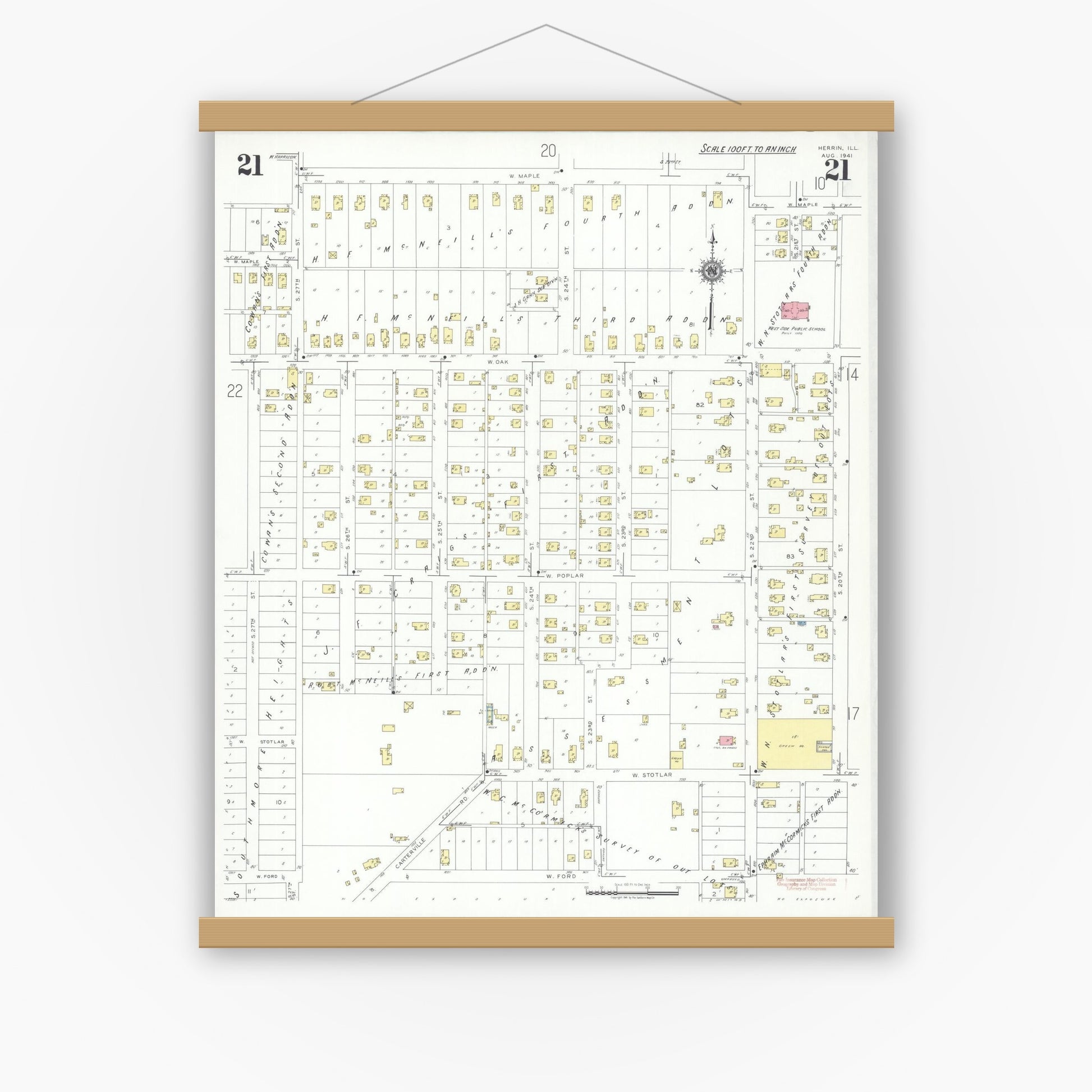 Old map wall art mockup — magnetic wood frame on white wall — Sanborn Fire Insurance Map from Herrin, Williamson County, Illinois (1941), Sheet #0021