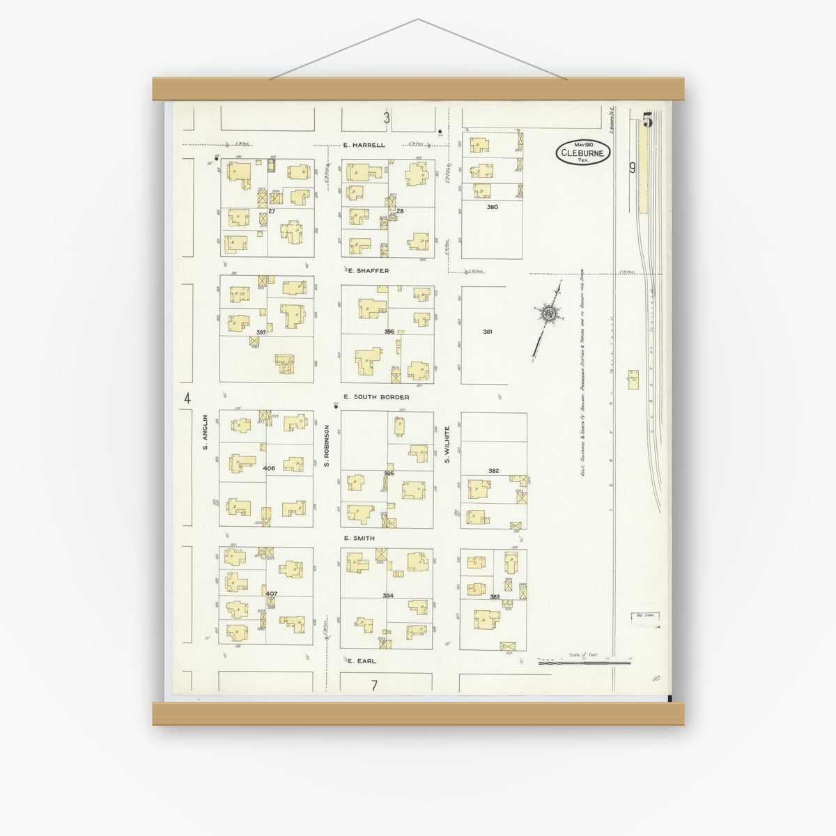 Old map wall art mockup — magnetic wood frame on white wall — Sanborn Fire Insurance Map from Cleburne, Johnson County, Texas (1910), Sheet #0005