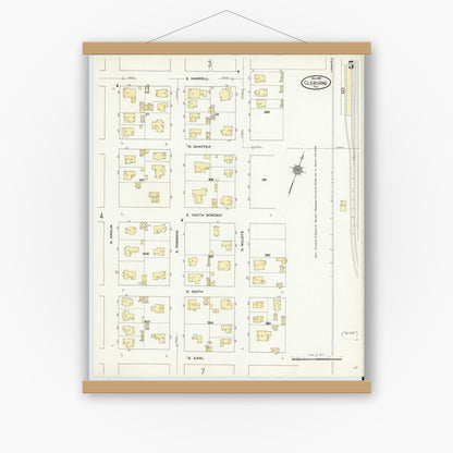 Old map wall art mockup — magnetic wood frame on white wall — Sanborn Fire Insurance Map from Cleburne, Johnson County, Texas (1910), Sheet #0005